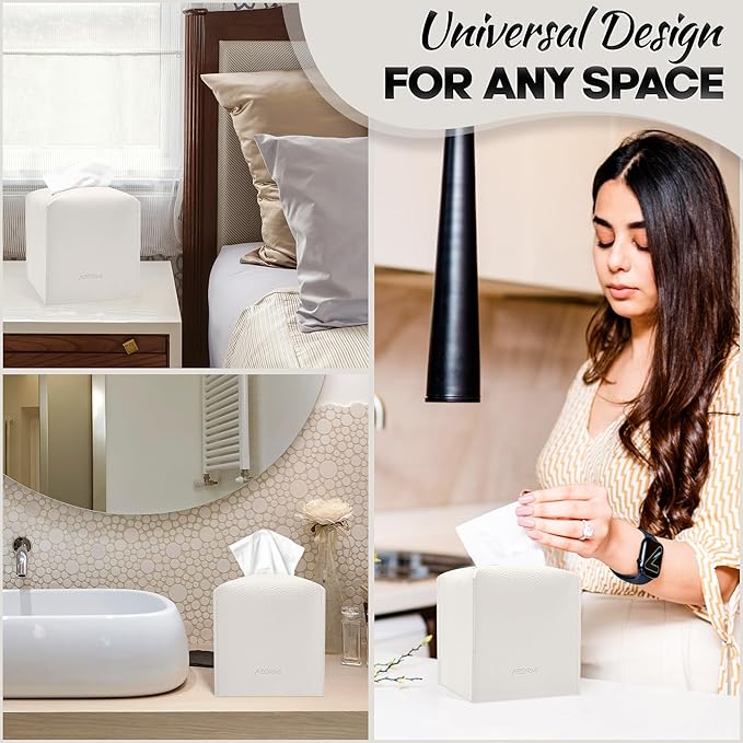 Tissue Box Cover Holder, PU Leather Tissue Box Cover Square with Bottom Belt, Cube Tissue Holder for Bathroom, Modern Organizer for Car, Office, Tabletop (White, 14 Leather Patterns)