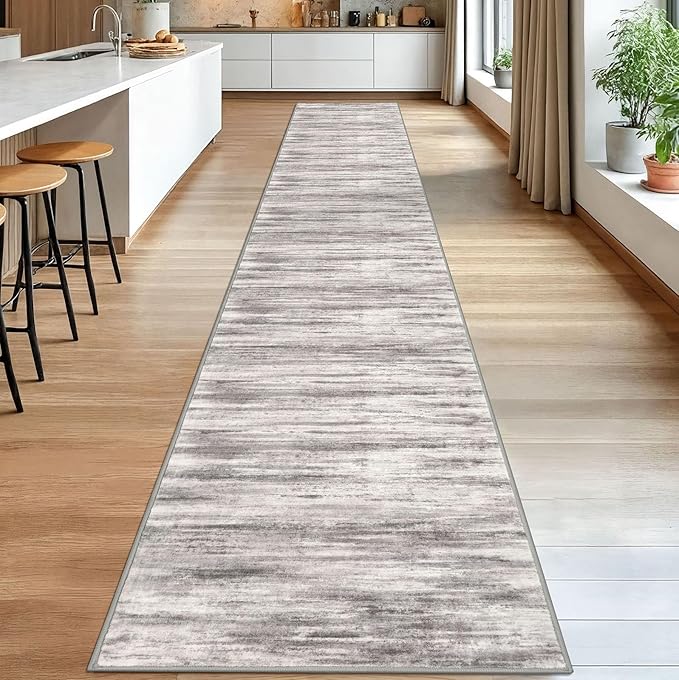 KOZYFLY Modern Abstract Washable Long Runner Rug 2.6x18 Hallway Rug Runner Non-Slip Soft Stair Runner Rugs, Grey-Beige Striped Carpet for Kitchen Entryway Bathroom Laundry Room Foyer