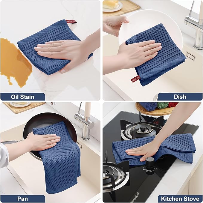 Homaxy 100% Cotton Kitchen Towels and Dishcloths Set, 12 x 12 Inches and 13 x 28 Inches, Set of 12 Bulk Kitchen Towels Set, Ultra Soft Absorbent Dish Cloths for Washing Dishes, Navy Blue