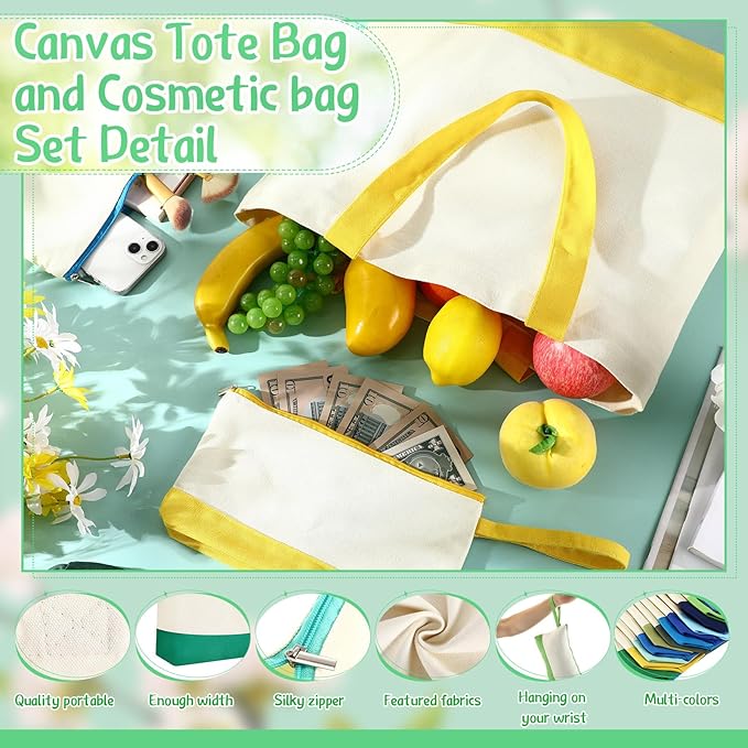 Sanwuta Canvas Tote Bags Bulk with Zipper Cosmetic Pouch 18.5" Reusable Cotton Shopping Bag with Handle for DIY Craft