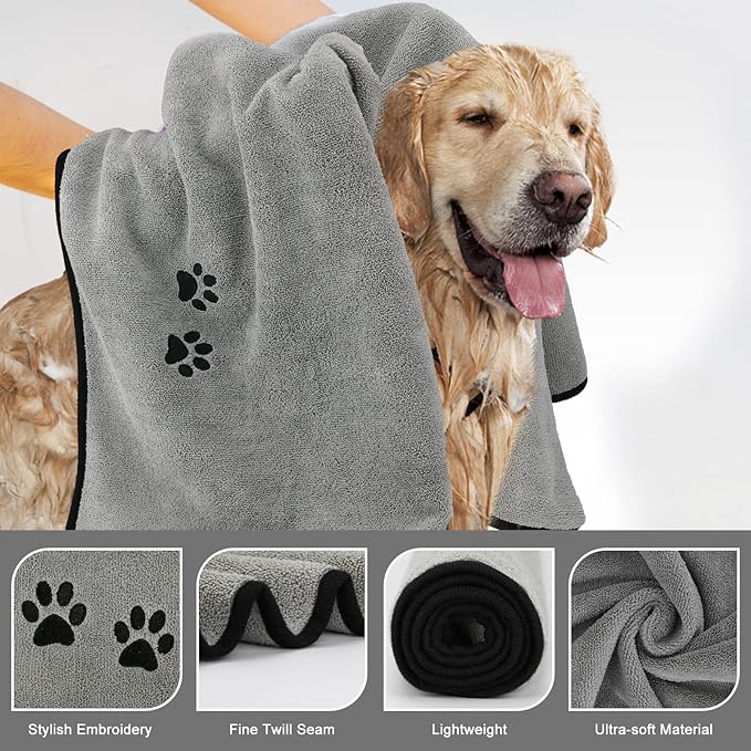 Wipela 2Pieces Microfiber Pet Bath Towel Dog Towel.Dog Towel Soft Absorbent Drying for Small Medium Large Dogs and Cats with Great for Bathing and Grooming (35 x 20 Inch Grey)