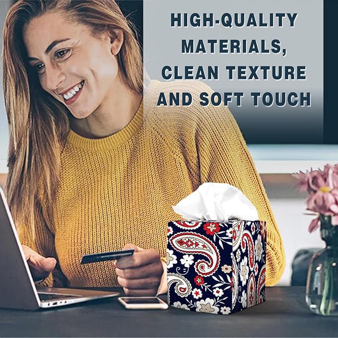Tissue Box Cover Square Decorative Tissue Box Holder Cute Funny Cube Tissue Case Cover-Paisley Floral Tissue Box Cover