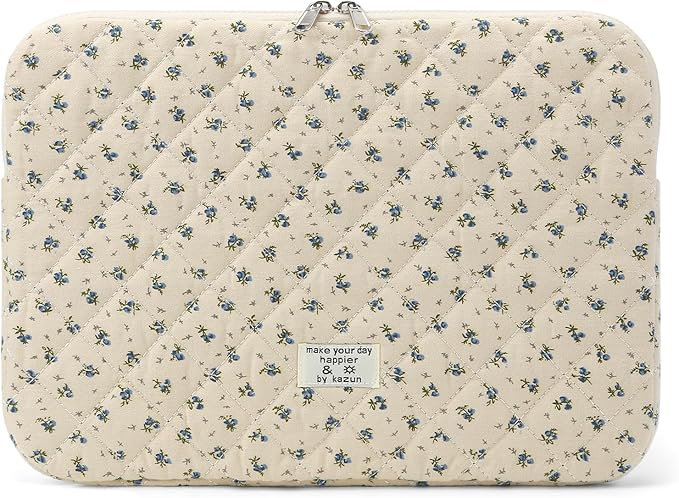 Puffy Laptop Sleeve 13-15.6 Inch Cute Quilted Laptop Protective Case Padded Floral Computer Sleeve for MacBook (A-Blue, 13 Inch)