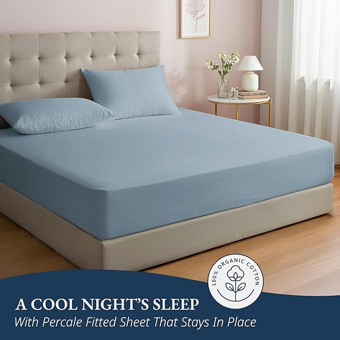 LANE LINEN Fitted Sheet Full Size - 100% Organic Cotton, 3Pc Set (1 Fitted Sheet, 2 Pillowcases) Percale Weave, Bed Fitted Sheets, Breathable, Fits Mattress Upto 15" Deep -French Blue (No Flat Sheet)