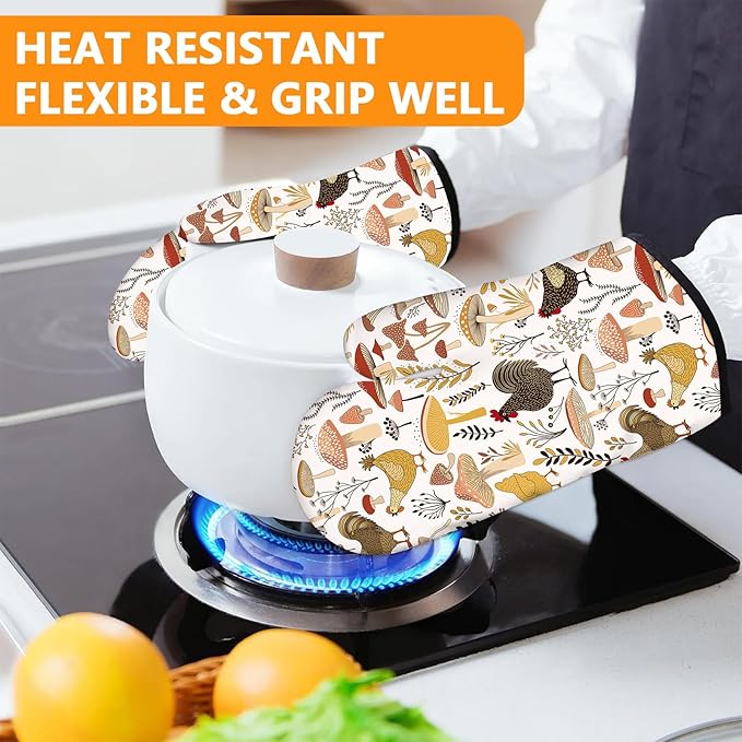Rooster Oven Mitts and Pot Holders Sets 4Pcs,Extra Long Oven Gloves Potholder for Kitchen Cooking Baking BBQ 100% Cotton Heat Resistant