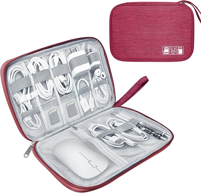 Lcsmaokin Electronics Travel Organizer,Portable Waterproof Electronic Travel Storage Bag for Small Charging Cord Storage,Charger,Small Electronics,SD Card etc,for Travel,Business -Wine Red