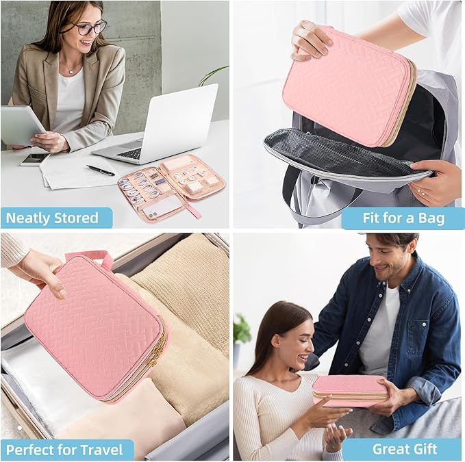 ZFZGFRCS Electronics Organizer Travel Case, Charger Bag Cord Organizer Travel, All-in-One Cable Organizer Bag for Charger, Cords, Phone, Headphones, Flash Drive, SD Card (Pink, Large-Double Layer)