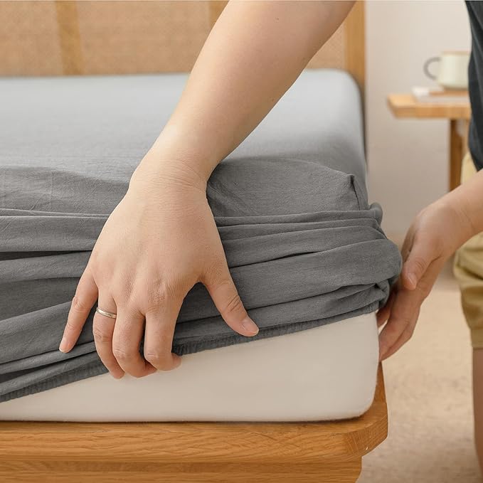 BESTOUCH Sheet Set 100% Washed Cotton Linen Feel Super Soft Comfortable Chic Lightweight 4 Pcs Home Bedding Set Solid Dark Grey Cal King