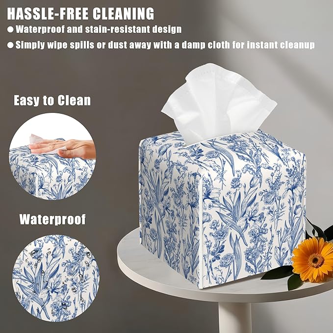 Vintage Floral Leather Tissue Box Holder Blue Flowers Tissue Box Cover Facial Paper Case Organizer Cube Napkin Dispenser for Bathroom Vanity Countertop Night Stand Office Car