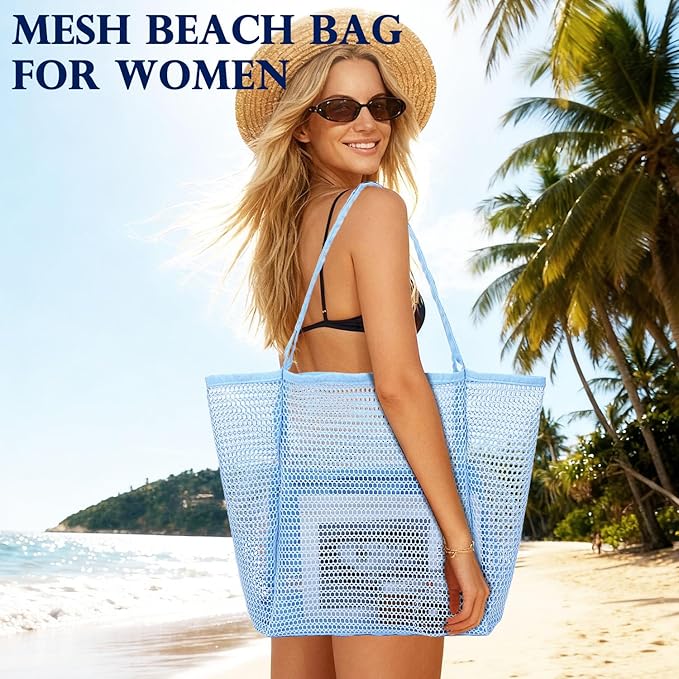 Fammart Mesh Beach Bag, Large Beach Tote with Zipper Pocket for Family Pool Bag for Toys & Vacation Essentials