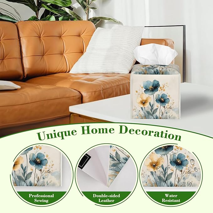 Watercolor Blue and Gold Poppy Tissue Box Cover,Abstact Flowers Plants Waterproof Leather Square Tissue Box Cover Case Facial Paper Organizer Dispenser Box Holder for Home Office Bathroom Vanity