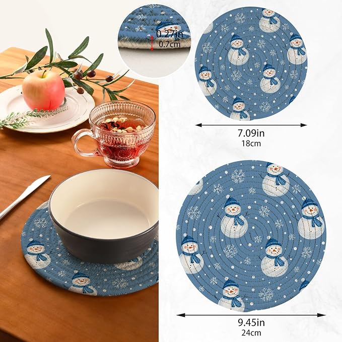 Boccsty Christmas Blue Snowman Trivet Mat 2PCS Winter Snowflakes Round Woven Potholders Kitchen Table Countertop Protector Hot Pads Farmho