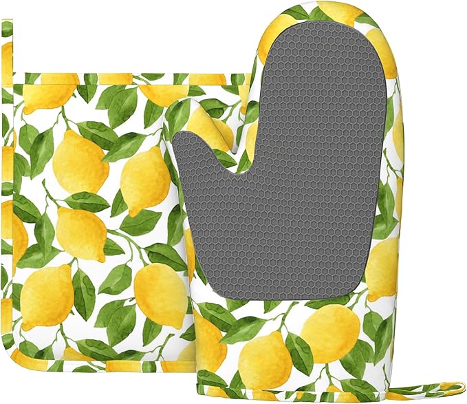 Lemon Oven Mitts and Pot Holders Sets of 4,Resistant Hot Pads with Silicone Non-Slip BBQ Gloves for Kitchen,Cooking,Baking,Grilling