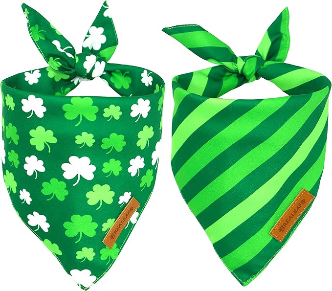 Realeaf St. Patrick's Day Dog Bandanas 2 Pack, Triangle Reversible Pet Scarf for Boys and Girls, Premium Durable Fabric, Holiday Bandana for Small and Medium Dogs (Small)