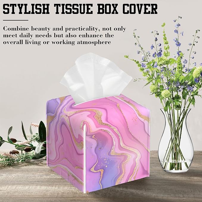 OHEGBXE Tissue Box Holder Purple and Pink Liquid Marble Square Leather Tissue Box Cover Modern Cube Facial Paper Cover Case for Bathroom Vanity Countertop Night Stands Tabletop