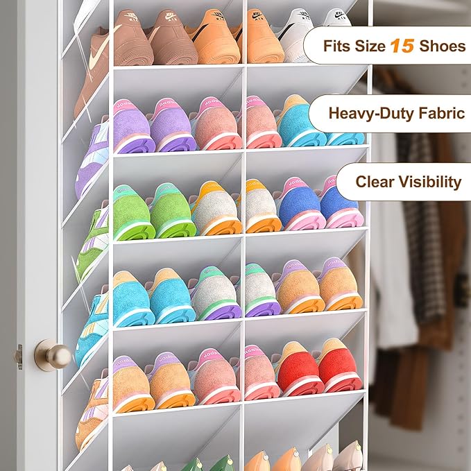 UVIAHOMI 30 Pairs Over the Door Shoe Organizer, Clear Pockets Hanging Shoe Storage for Closet, 10-Tier Door Shoes Rack Storage Fit All the Family's Sneakers, Boots, Heels, Light Grey