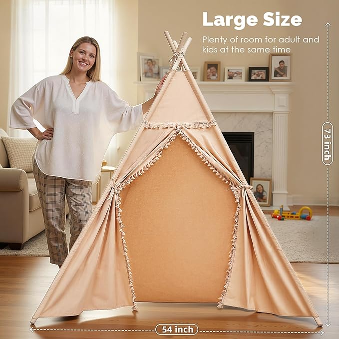Sumbababy Large Teepee Tent for Kids Indoor - Cotton Canvas Slumber Play Tents for Adults - Foldable Sleepover Tents for Girls Boys Party Gift Toy, Khaki