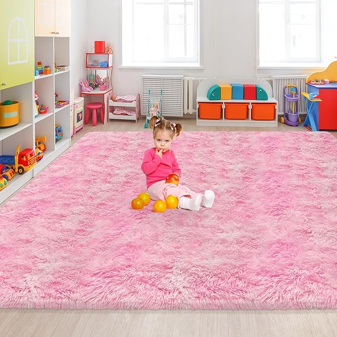 8x10 Pink Area Rugs for Bedroom Girls Room, Tie-Dyed Fluffy Pink Rug for Bedroom Living Room Big Shag Carpet, Ultra Soft Plush Thick Furry Rug Non Slip for Girls Kids Nursery Room Dorm