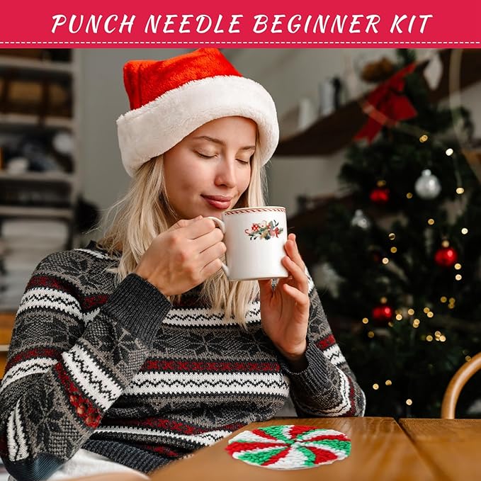 Yaomiao 6 Pcs Christmas Punch Needle Coaster Kit Embroidery Kits Punch Needle Set Craft Supplies with Patterns Yarns Tools Adhesive Felt Embroidery Hoop Instruction Holder for Adult DIY