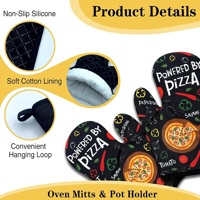 Funny Oven Mitts and Pot Holders Set of 3, Powered by Pizza, Heat Resistant Non-Slip Kitchen Mitts Hot Pads, Pizza Lover Gifts, Christmas Baking Gifts for Women Hostess Mom Wife Chef Baker