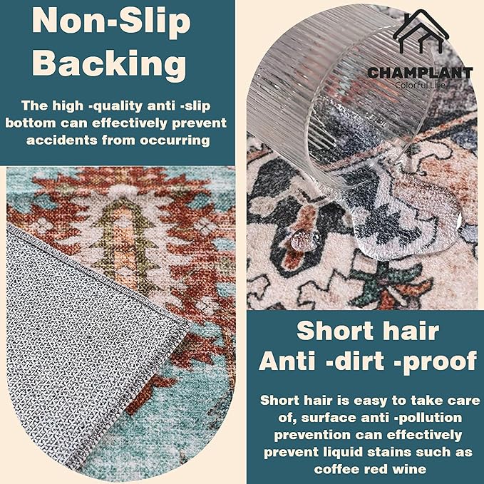 Area Rug 6'x9' Cyan Khaki Washable Vintage Traditional Floor Cover Thin Retro Kitchen Indoor Distressed Non Slip Carpet for Living Room Bedroom Dining Room