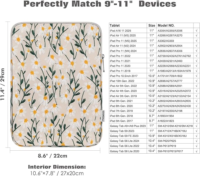 MoKo 9-11 Inch Embroidered Daisy Sleeve Pouch Fits New 11-inch iPad Pro M4/iPad Air M2 2024, iPad Air 5/4/3 10.9"/10.5", iPad Pro 11 M2, iPad 10th 10.9, iPad 9/8th Gen 10.2, Tab S8/S9 11", White Daisy