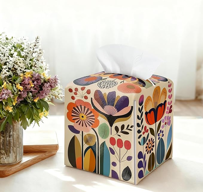 Scandinavian Boho Tissue Box Holder, Norwegian Folk Floral Leather Tissue Box Cover Square, Paper Napkins Everyday Dispenser for Bathroom Night Stands Kitchen Office Car Home Decor