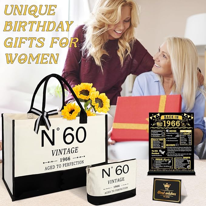 YeohJoy 60th Birthday Gifts for Women Canvas Tote Bag Travel Gear, Unique 60 Years Old Gifts for Wife Mom Sister Aunt Friends Her, Vintage N°60 Handbag & Cosmetic Bag & Back in 1966 Poster