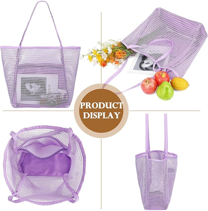 Fammart Mesh Beach Bag, Large Beach Tote with Zipper Pocket for Family Pool Bag for Toys & Vacation Essentials
