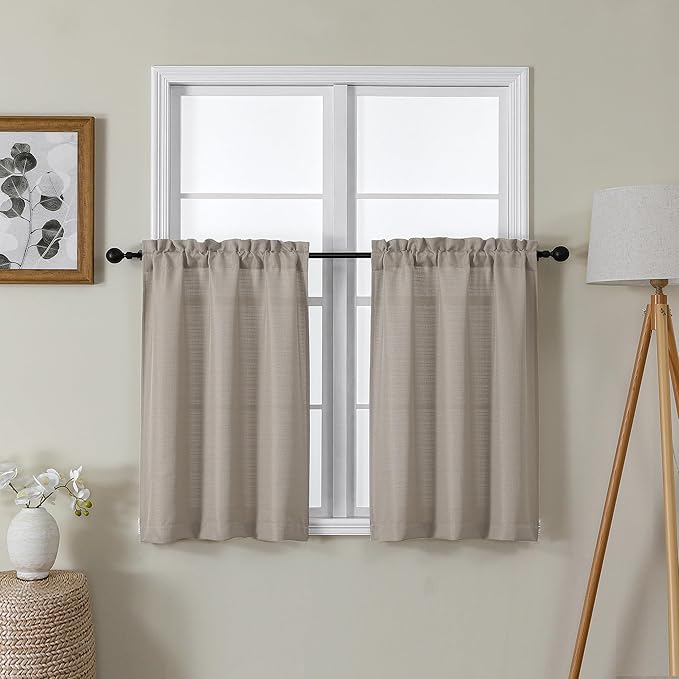 Lecloud Bessie Stone Kitchen Curtains 30 Inch Length 2 Pcs, Light Filtering Cafe Short Curtain Tiers, Dual Rod Pocket Window Treatments for Bedroom Basement Bathroom, Each 30 W x 30 L