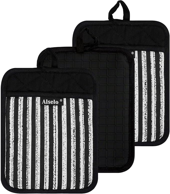 Silicone Pot Holders Set of 3 Heat Resistant & Non Slip Potholders, Professional Oven Hot Pads with Pockets Mitts for Kitchen Cooking Baking Barbecue (3, Black)