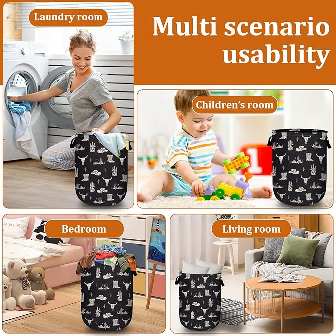 Desert Cowboy Element Laundry Basket with Sturdy Handles, Collapsible Oxford Cloth Laundry Hamper Organizer Basket for Bathroom Bedroom 15.7x20 Inch