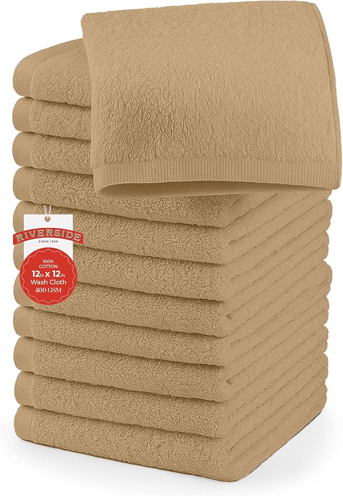 RIVERSIDE 12 Pack Washcloths - 12x12 Inches, 500 GSM, 100% Ring-Spun Cotton - Soft, Absorbent & Durable Face and Body Towels - for Bathroom, Spa, Gym, Makeup Removal & Everyday Use - Tan