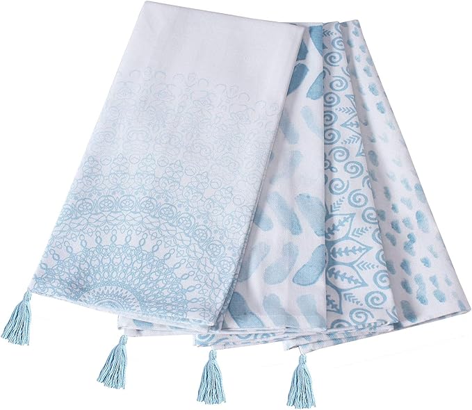 ACCENTHOME Cotton Kitchen Towels Set of 4 - Absorbent Dish Towels Set | Tea Towels | Bar Towels | Mandala Blue Print Kitchen Dish Towels - Multi Purpose Kitchen Linen, Drying Dish Hand Towels 20x28