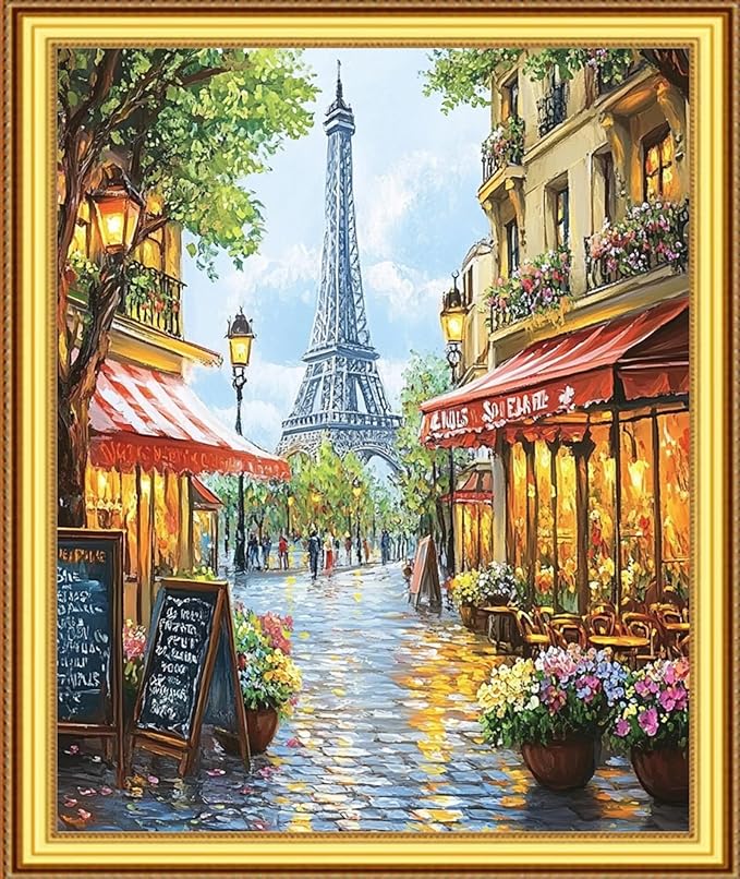 Foxnyart Stamped Cross Stitch Kits Full Range of Embroidery Needlework Starter Kits for Beginners Adults 11CT Embroidery Patterns Art Crafts DIY Needlepoint Kit-Eiffel Tower Street View 16x20 inchs