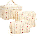 PAZIMIIK 3PCS Makeup Bag SET Large Travel Quilted Zipper Soft Cosmetic Case Pouch for Women Girls Make Up,Little Flower Beige