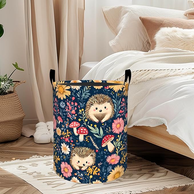 ainori Cute Hedgehog Laundry Basket, Oxford Cloth Playful Cartoon Dirty Clothes Collapsible Hamper for Room Decor, Floral Mushroom Print Gifts Toy Organizer 19.7 * 15.8 Inch for Bedroom Bathroom Dorm