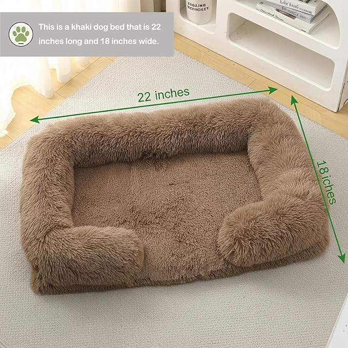 CareCooo Orthopedic Dog Bed for Medium Dogs - Washable Memory Foam Pet Sofa, Fluffy Plush Rectangular Bed, Waterproof Anti-Anxiety Couch, Khaki, M
