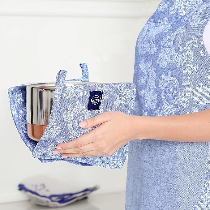 Pot Holders for Kitchen | Heat Resistant Pads | Set of 2 | Hot Dish Holder Sets | 8x8 in |for Cooking, Baking, Grilling, Microwave & BBQ, Chambray Blue by Encasa XO