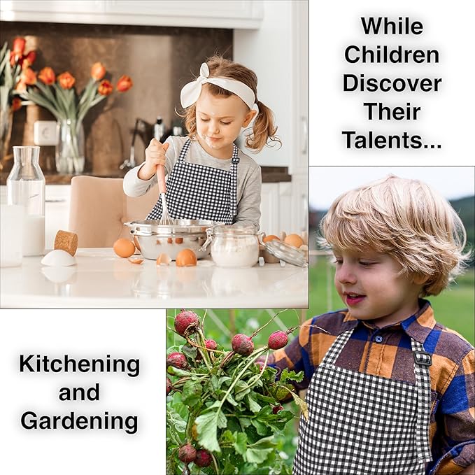 Kids Aprons for Cooking Waterdrop Resistant Aprons for Girl & Boy Toddler Apron for Painting, Gardening, Baking, Smock (Plaid Black, Small (3-5 years))
