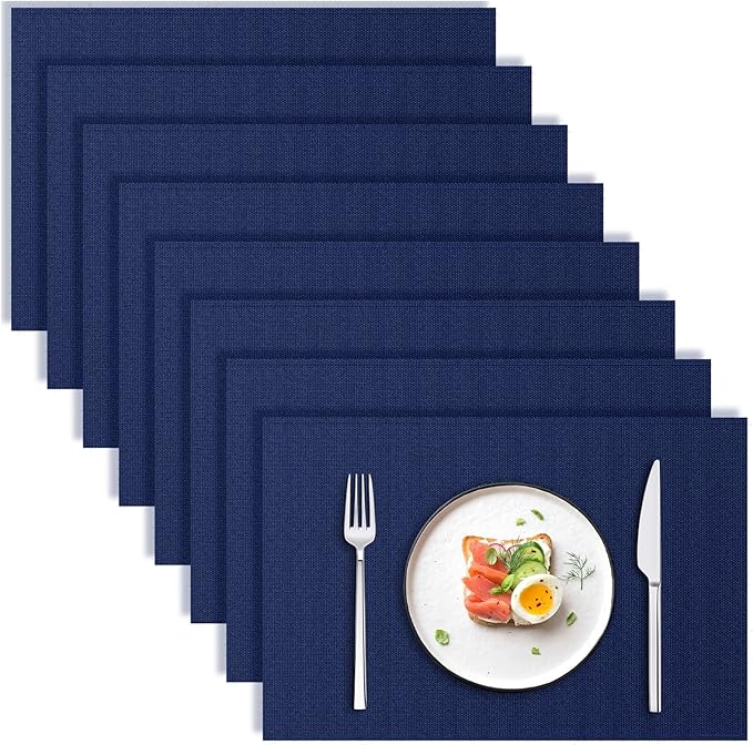 Blue Forest | Rectangular Faux Linen Placemats Set of 8 | Dual- Layered Thickened for Durability | Heat Resistant | Machine Washable | Wrinkle Free for Easy Care Indoor/Outdoor Use - NavyBlue