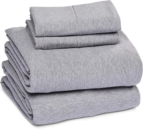 Amazon Basics 4 Piece Bed Sheet Set, 100% Cotton Jersey, Includes Super Soft, Flat and Fitted Sheets, Pillowcase, Full, Light Gray, Solid