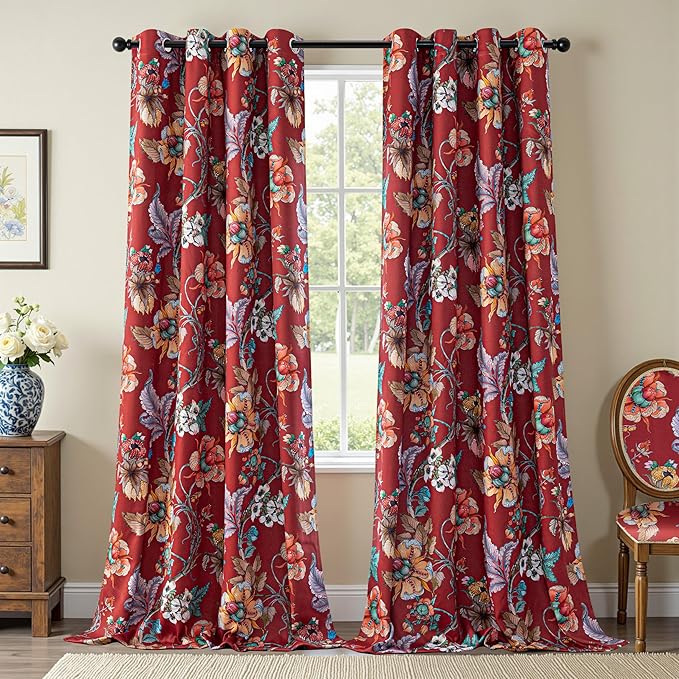 MYSKY HOME Terracotta Floral 95% Blackout Curtains 84 Inches Long for Living Room Dining Rooom Thermal Insulated Light Blocking Drapes Grommet Country Coquette Window Panels for Home, 2 Pcs, 52" Wide