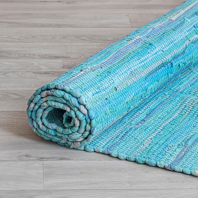 HOMEMONDE Teal Chindi Rug 20"x32" Recycled Soft Cotton Hand Crafted Reversible Boho Rag Rugs for Entyrway, Doormat, Kitchen, Bedroom, Living Room