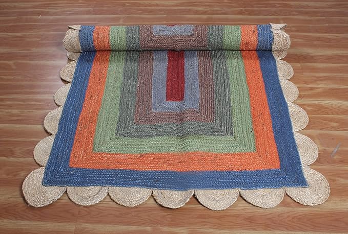 Scalloped Edge Rug, Hand Woven Natural Jute Area Rug, 6x8 Ft Beige & Multicolor Braided Sisal Kilim Rugs for Living Room, Kitchen, Entryway, Farmhouse