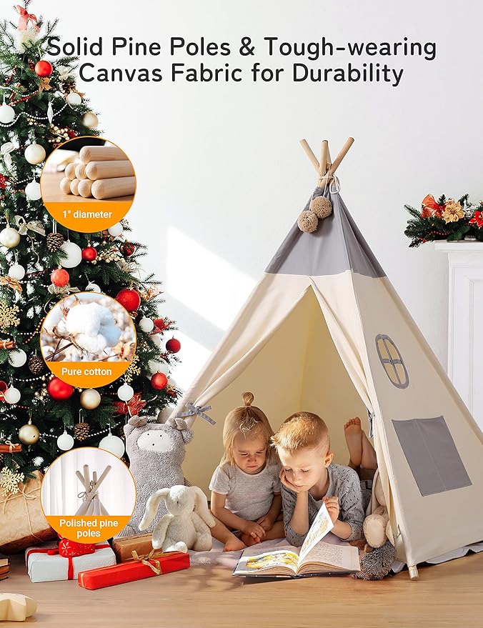 besrey Teepee Tent for Kids with Light & Mat, Toddler Tents Indoor Play Tent Playhouse, Toddler Tipi Cotton, tee Pee Tents for Kids Indoor, Boys & Girls Teepee,Children Room Playhouse