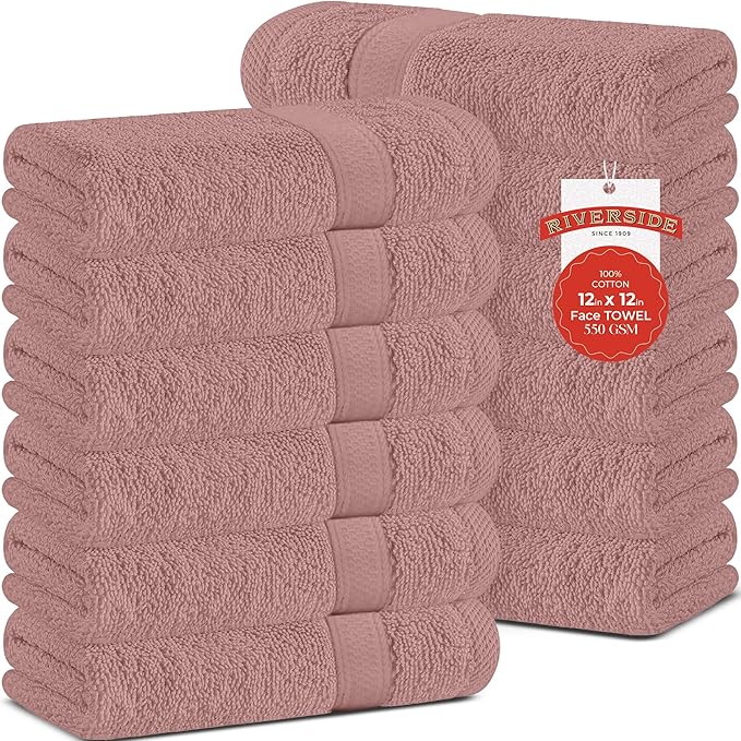 RIVERSIDE 12 Pack Premium 100% Cotton Face Wash Cloths, 12 x 12 Inches, Soft & Absorbent Face Towels for Bathroom Wash Clothes, 550 GSM, Luxury WashCloths for Showering, Body, Spa & Gym, Dusty Rose