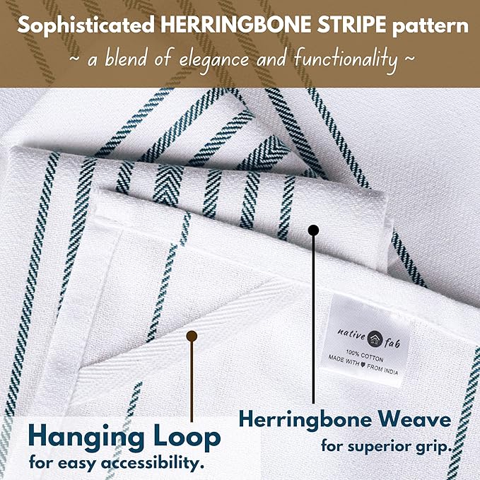 Native Fab Stripe Kitchen Towels 4 Pack Scandia Herringbone Weave 16"x26" - Cotton Kitchen Cloth, Super Absorbent Dish Towels, Multi Purpose Quick Dry Kitchen Washcloths - Teal Green White