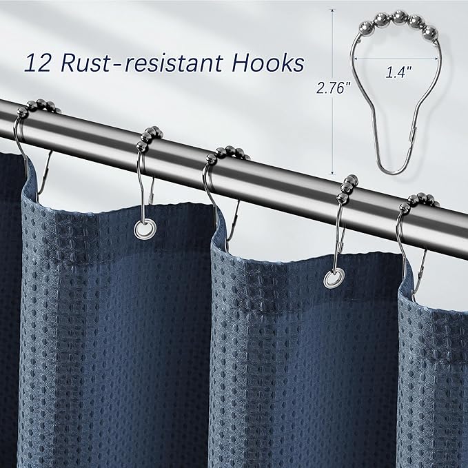 PANGSINNE Shower Curtain Blue Water Resistant Waffle Weave Textured Heavy Duty Shower Curtain for Bathroom, 256GSM Modern Thick Fabric Shower Curtains Hotel Quality Spa with 12 Hooks, 72Wx78H Navy