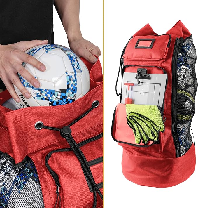 Fitdom Heavy Duty XL Soccer Mesh Equipment Ball Bag w/Adjustable Backpack Shoulder Strap Design for Coach. 2 Different Size Front Pockets for Sporting Accessories.